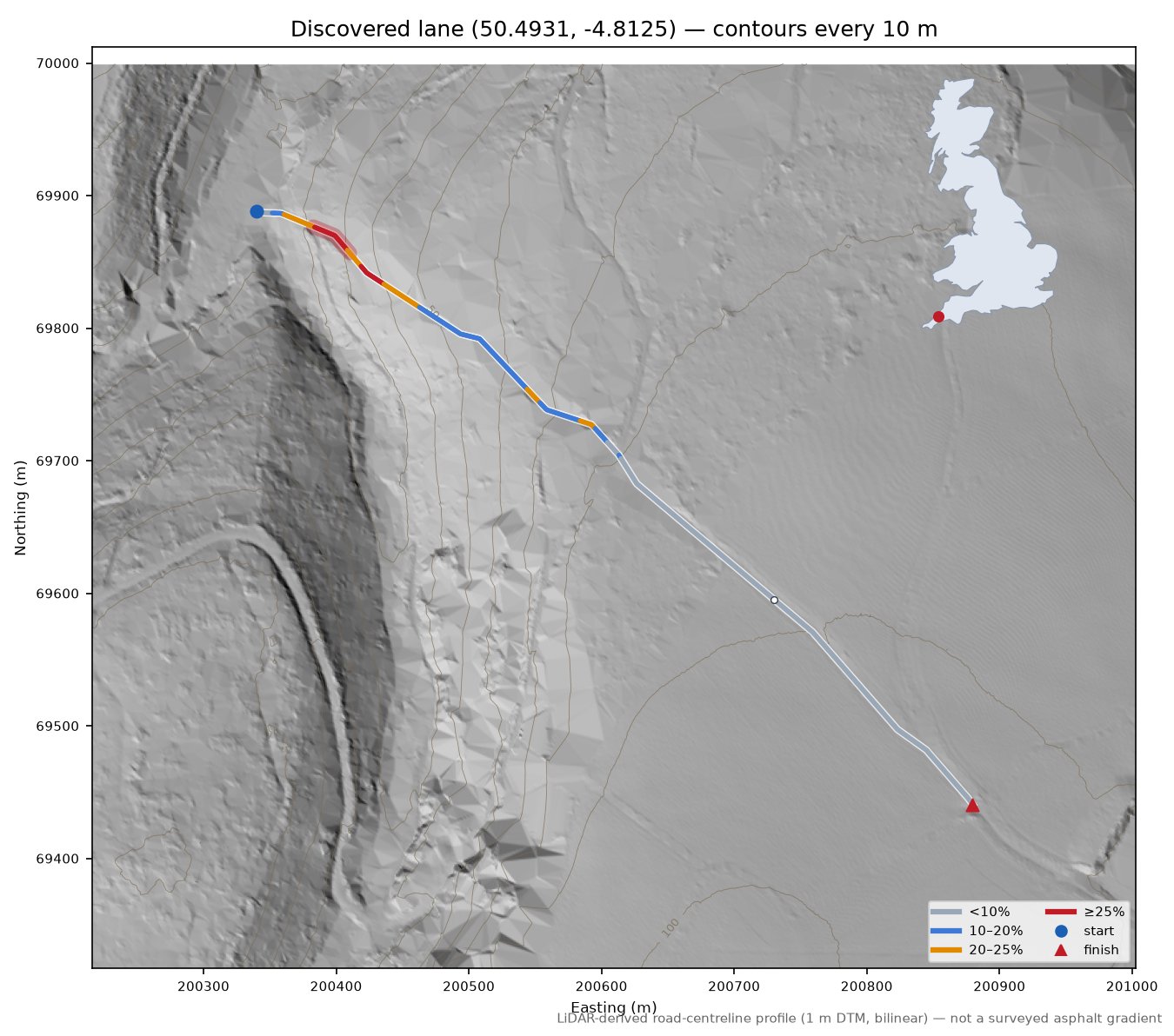 Discovered lane (50.4931, -4.8125) LiDAR hillshade map with contours