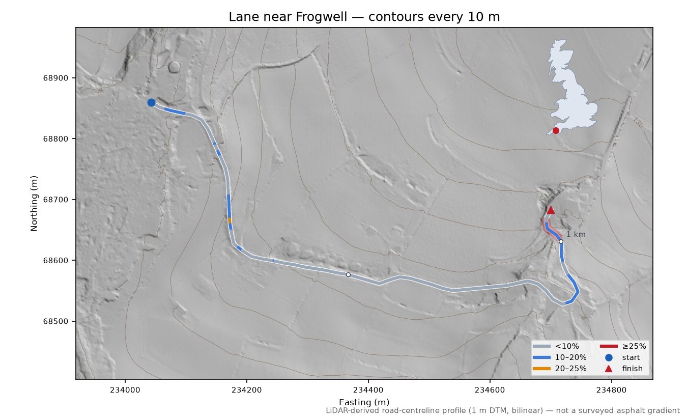 Lane near Frogwell LiDAR hillshade map with contours