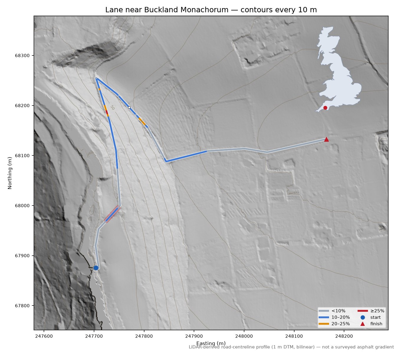 Lane near Buckland Monachorum LiDAR hillshade map with contours