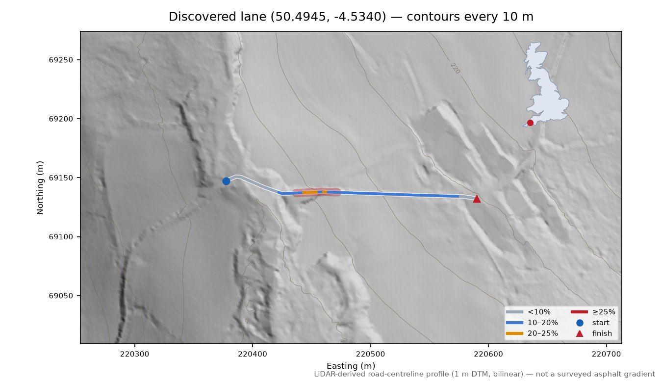 Discovered lane (50.4945, -4.5340) LiDAR hillshade map with contours