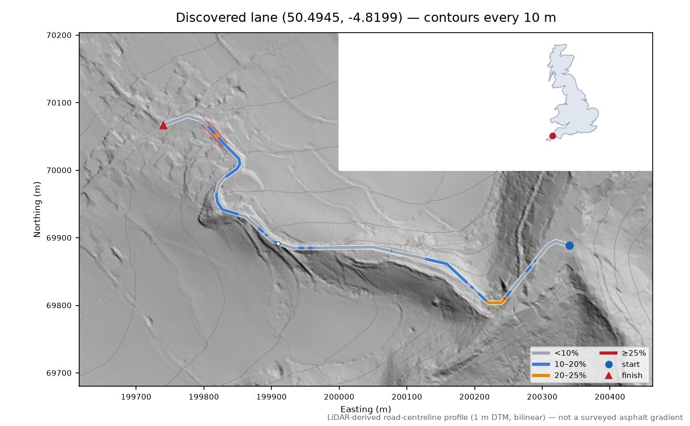 Discovered lane (50.4945, -4.8199) LiDAR hillshade map with contours