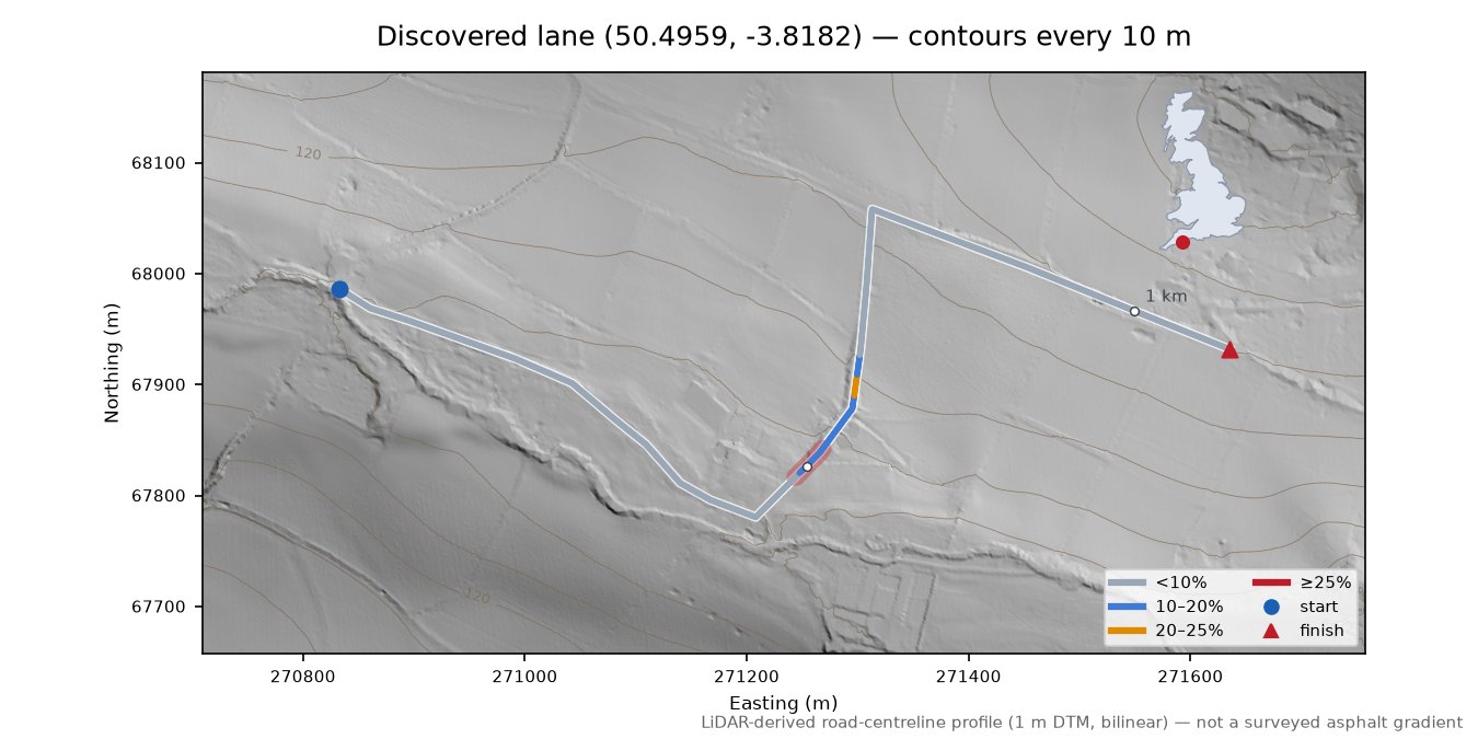 Discovered lane (50.4959, -3.8182) LiDAR hillshade map with contours