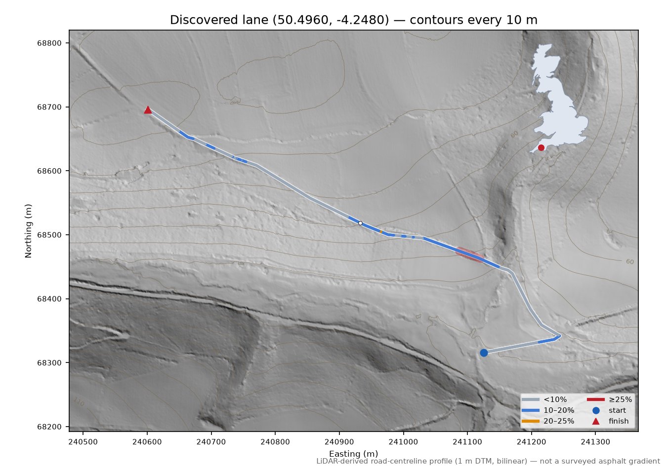 Discovered lane (50.4960, -4.2480) LiDAR hillshade map with contours