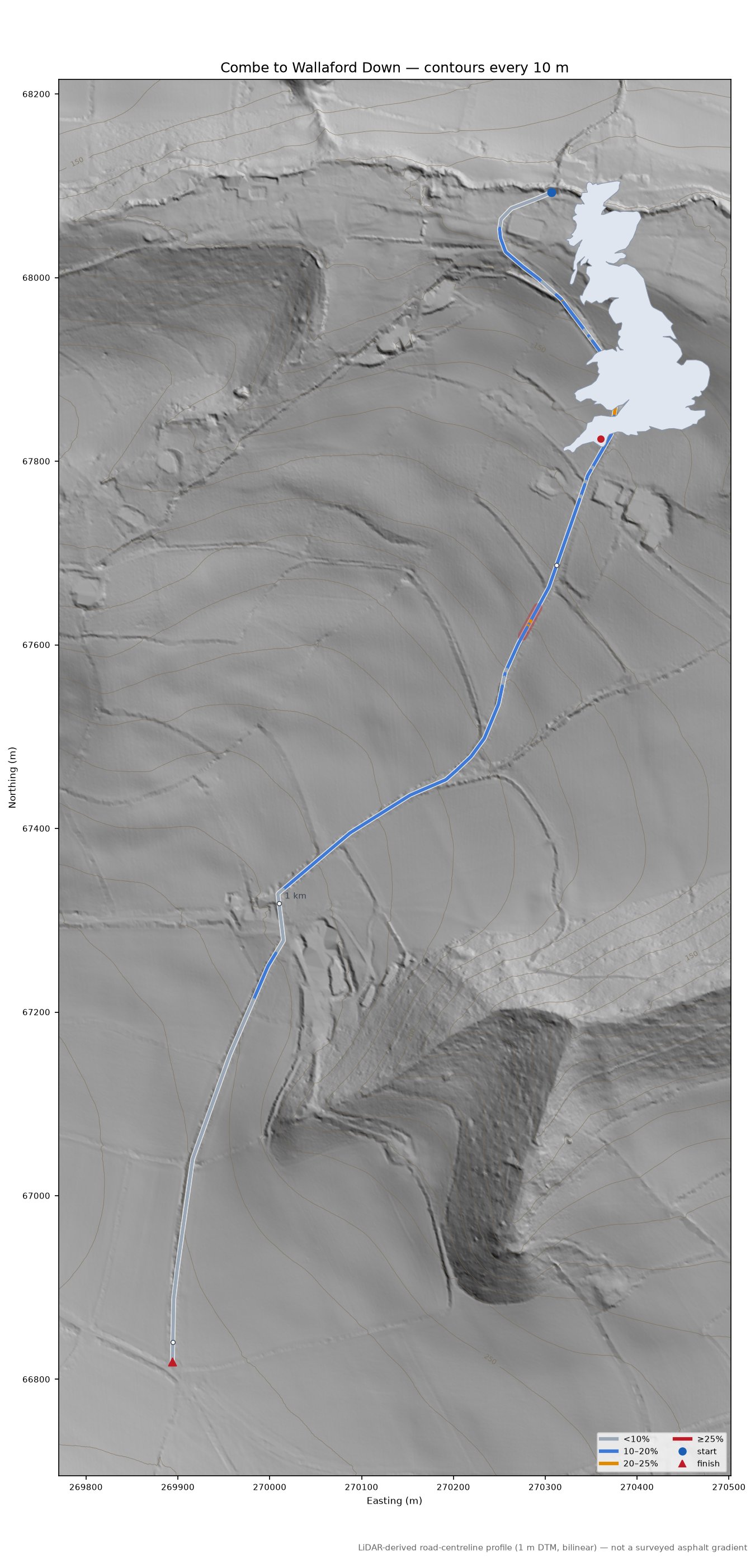 Combe to Wallaford Down LiDAR hillshade map with contours