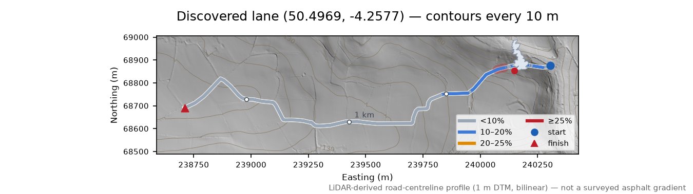 Discovered lane (50.4969, -4.2577) LiDAR hillshade map with contours