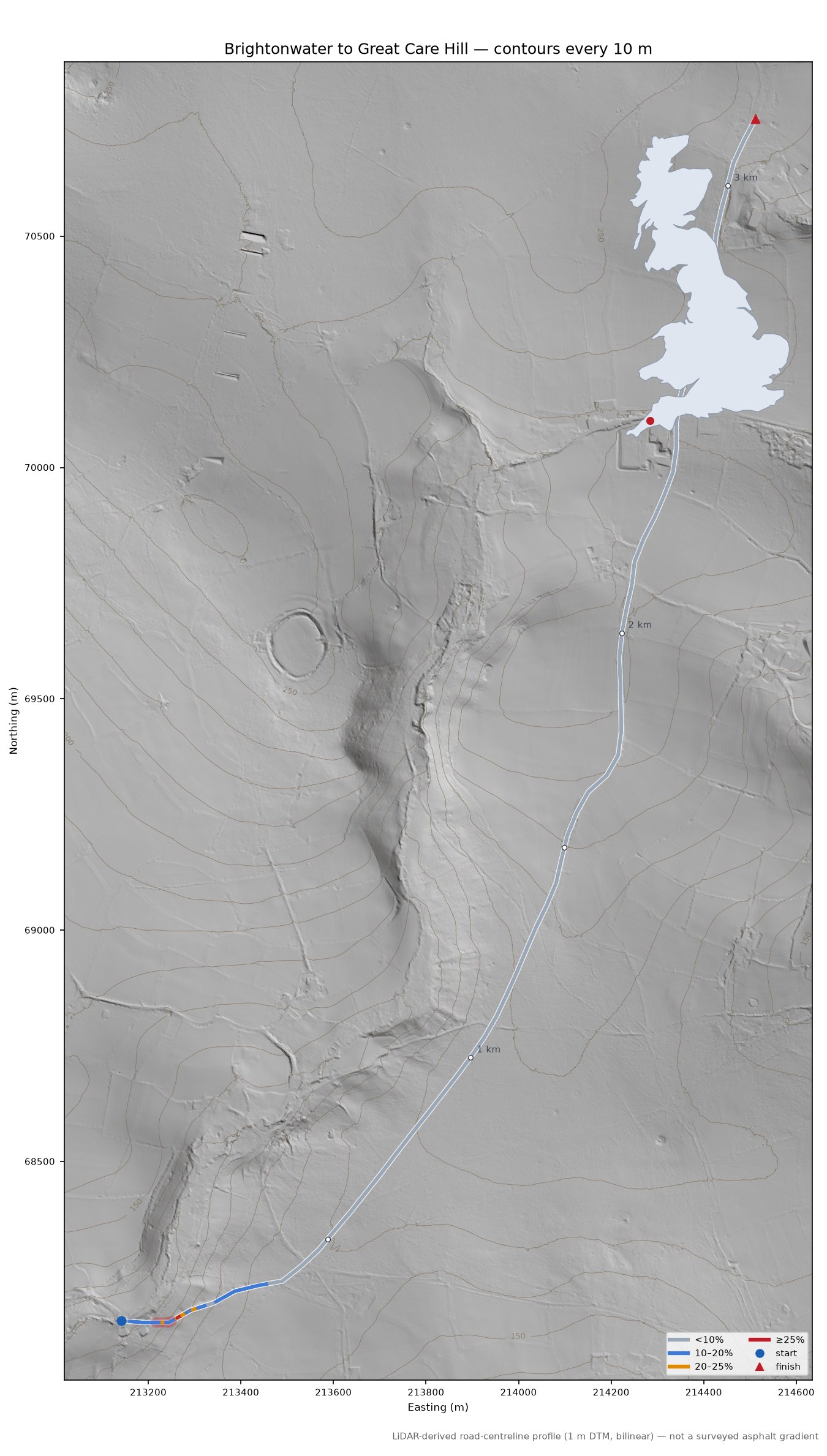 Brightonwater to Great Care Hill LiDAR hillshade map with contours