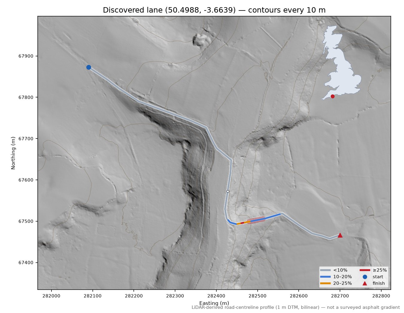 Discovered lane (50.4988, -3.6639) LiDAR hillshade map with contours