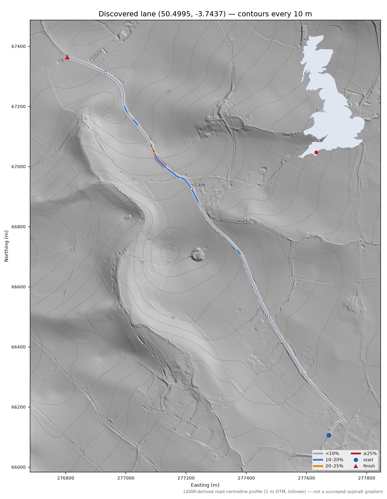 Discovered lane (50.4995, -3.7437) LiDAR hillshade map with contours