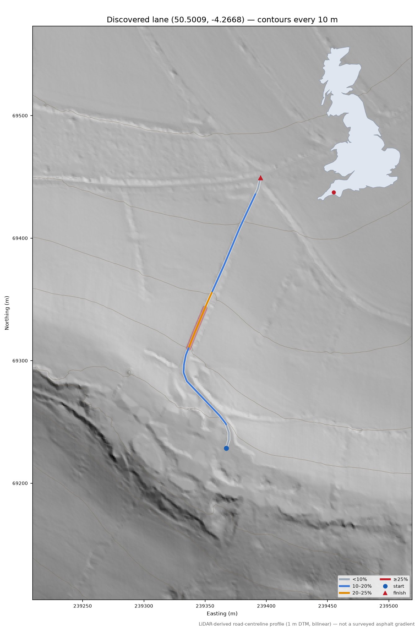 Discovered lane (50.5009, -4.2668) LiDAR hillshade map with contours