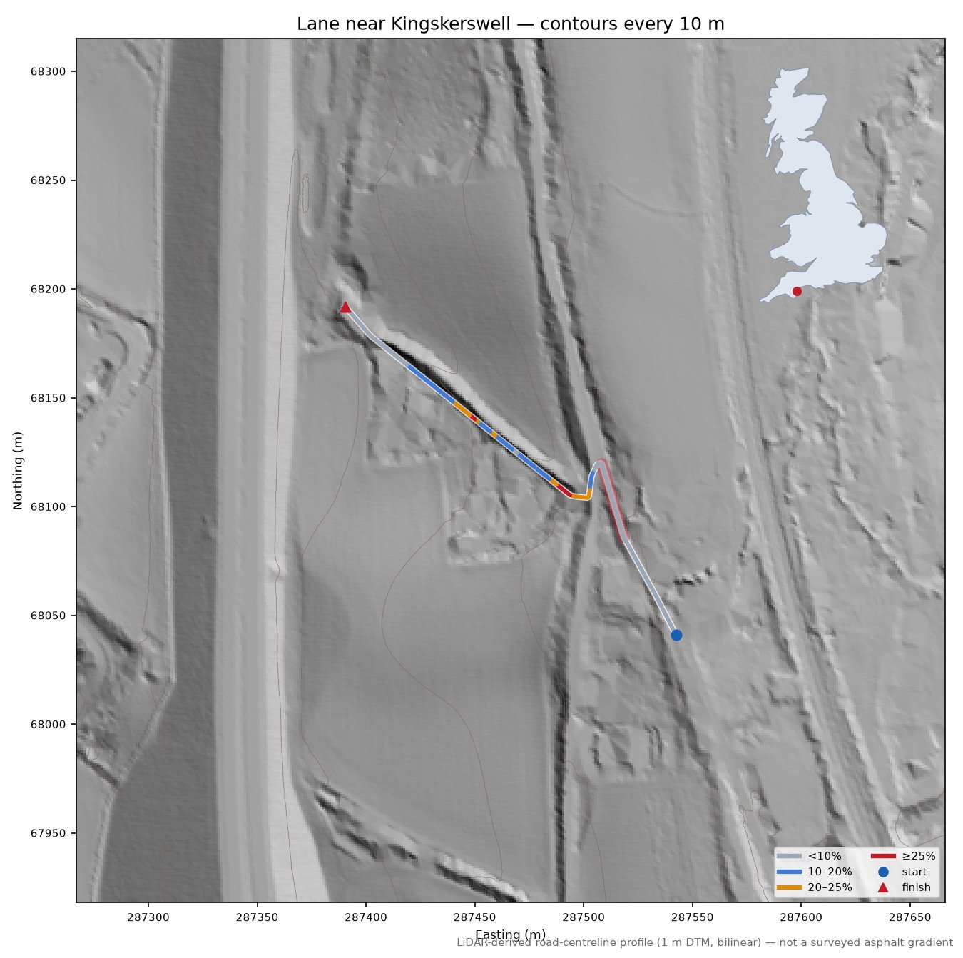 Lane near Kingskerswell LiDAR hillshade map with contours