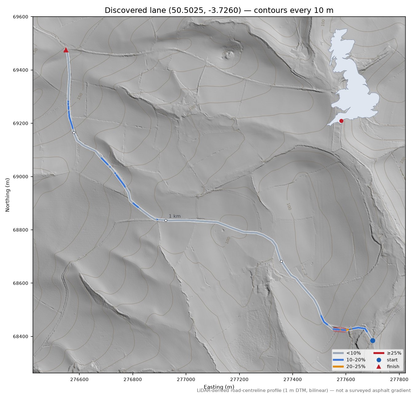 Discovered lane (50.5025, -3.7260) LiDAR hillshade map with contours