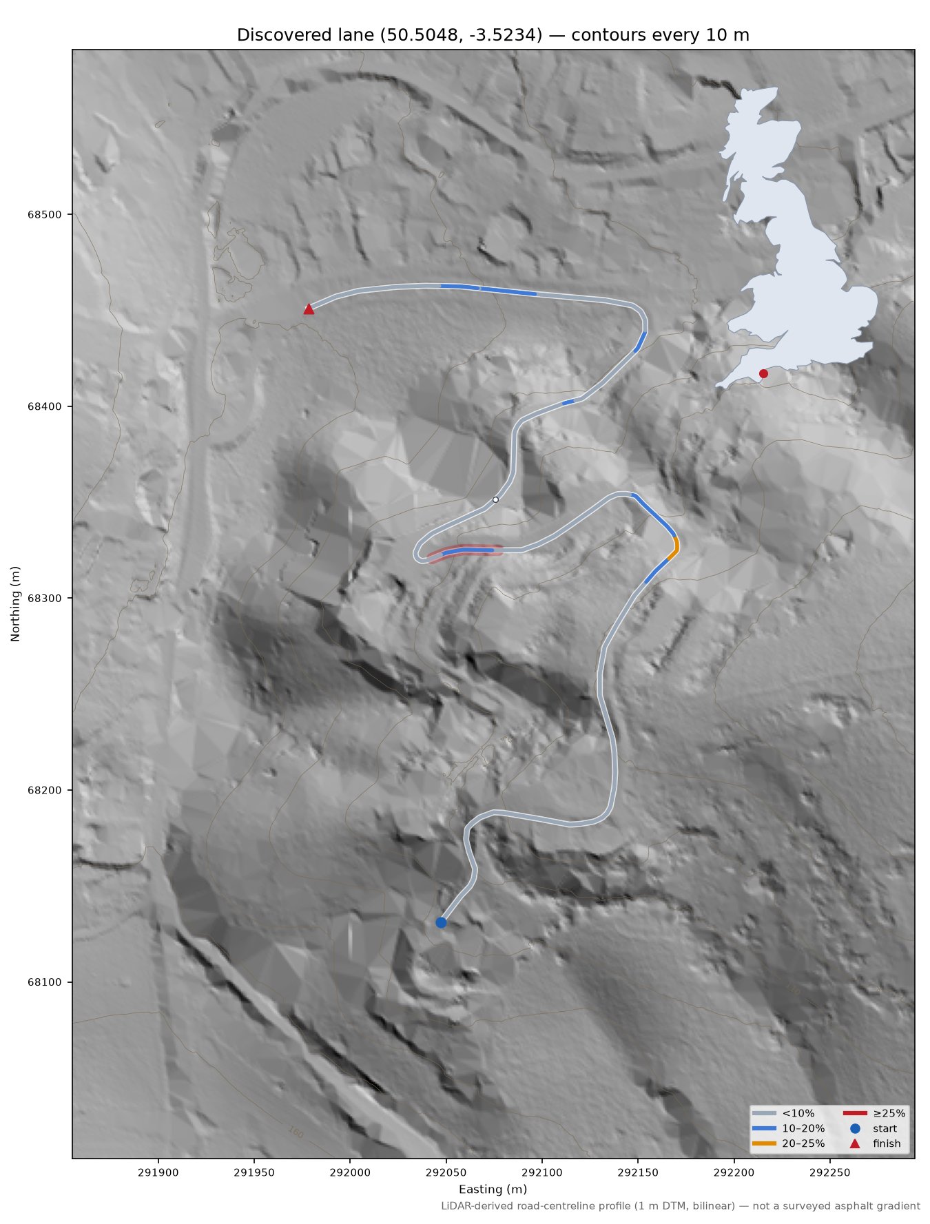 Discovered lane (50.5048, -3.5234) LiDAR hillshade map with contours