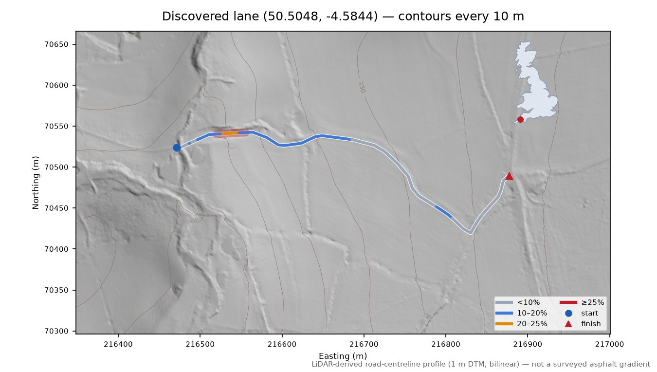 Discovered lane (50.5048, -4.5844) LiDAR hillshade map with contours
