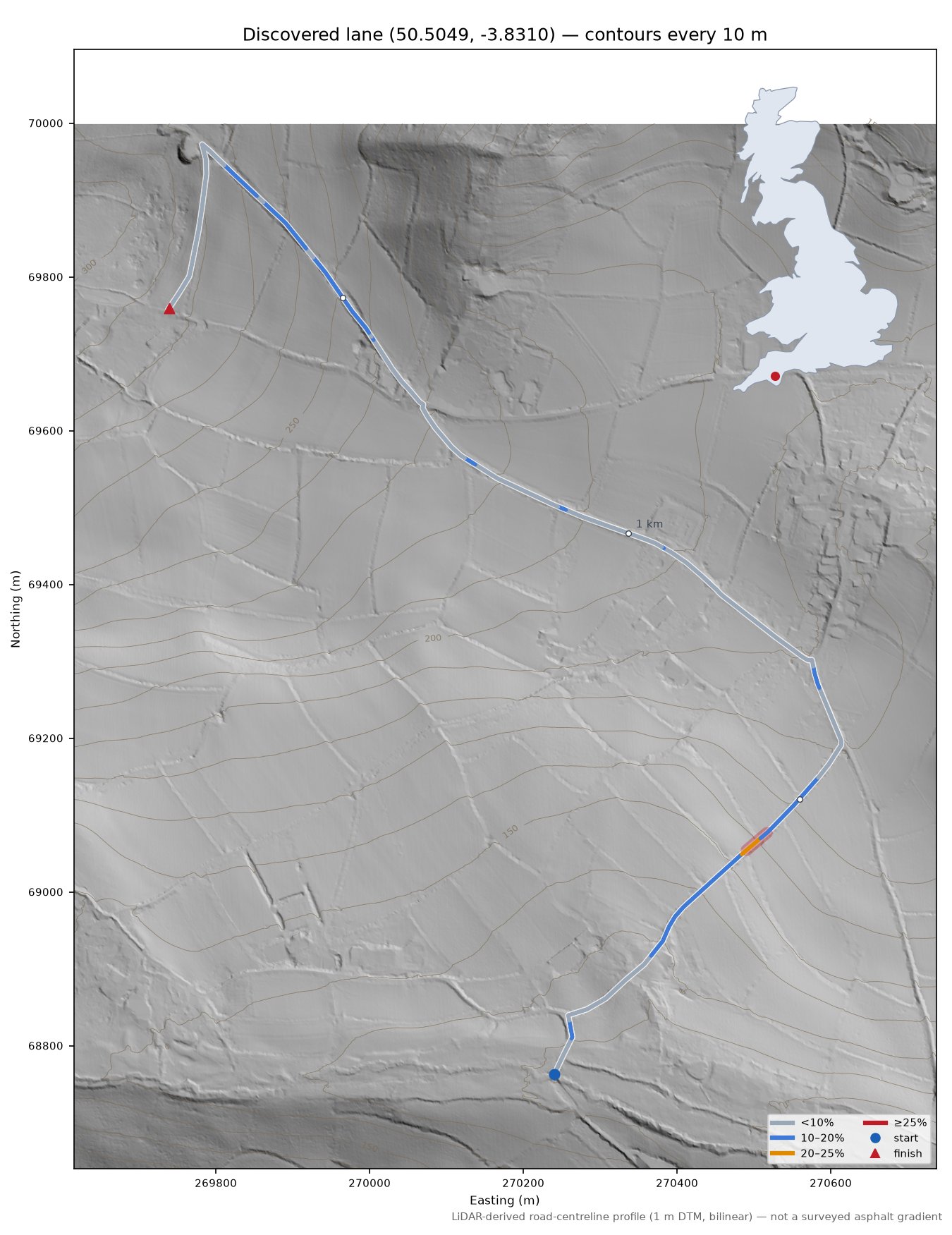 Discovered lane (50.5049, -3.8310) LiDAR hillshade map with contours