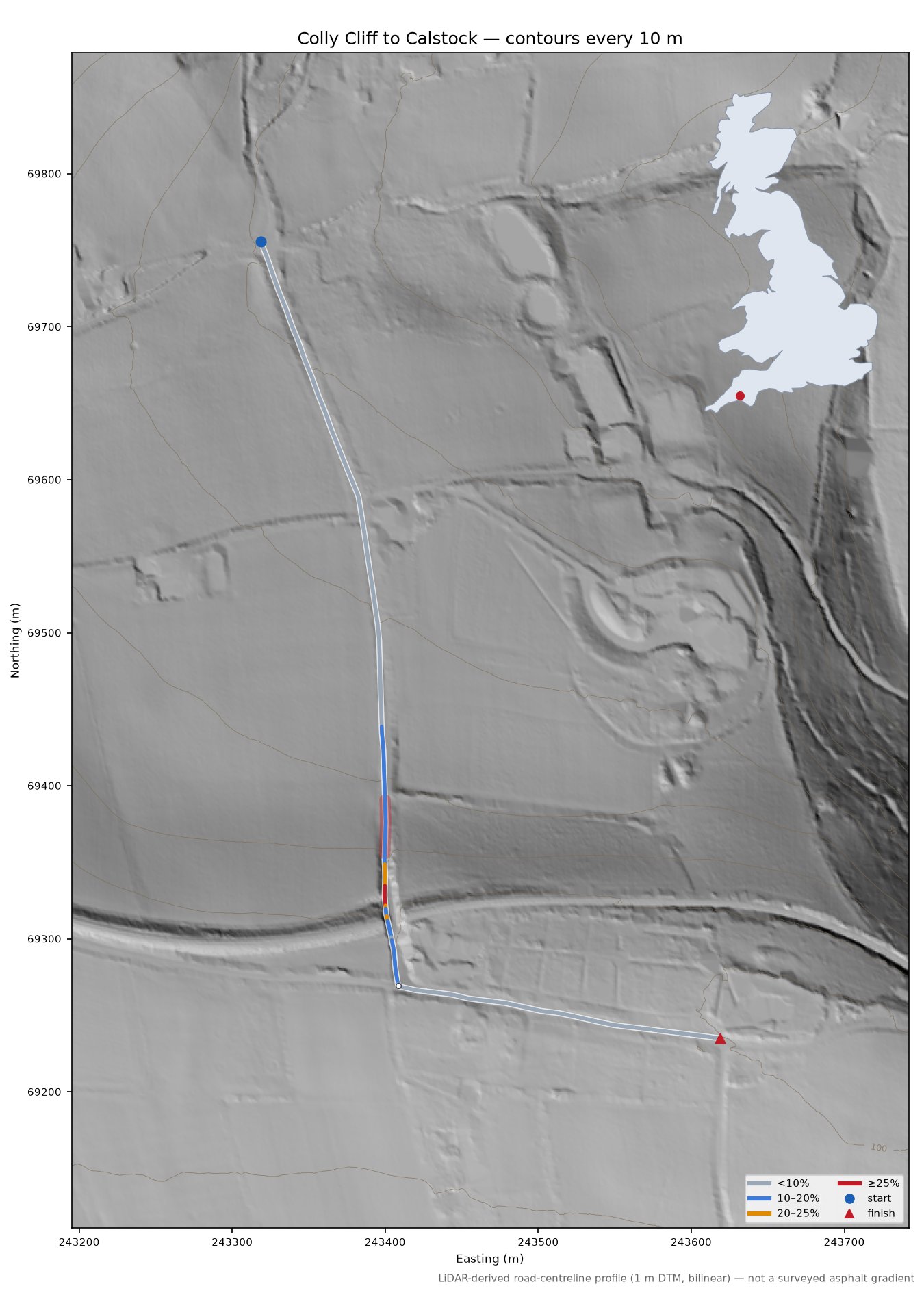 Colly Cliff to Calstock LiDAR hillshade map with contours