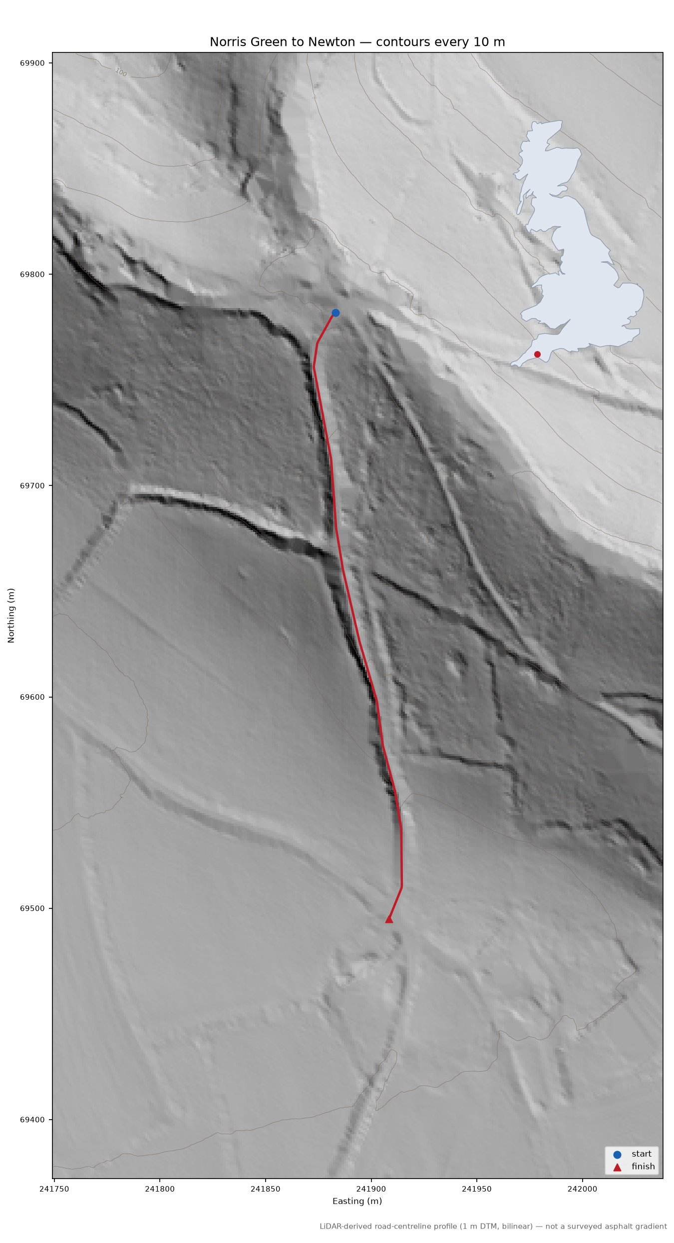 Norris Green to Newton LiDAR hillshade map with contours