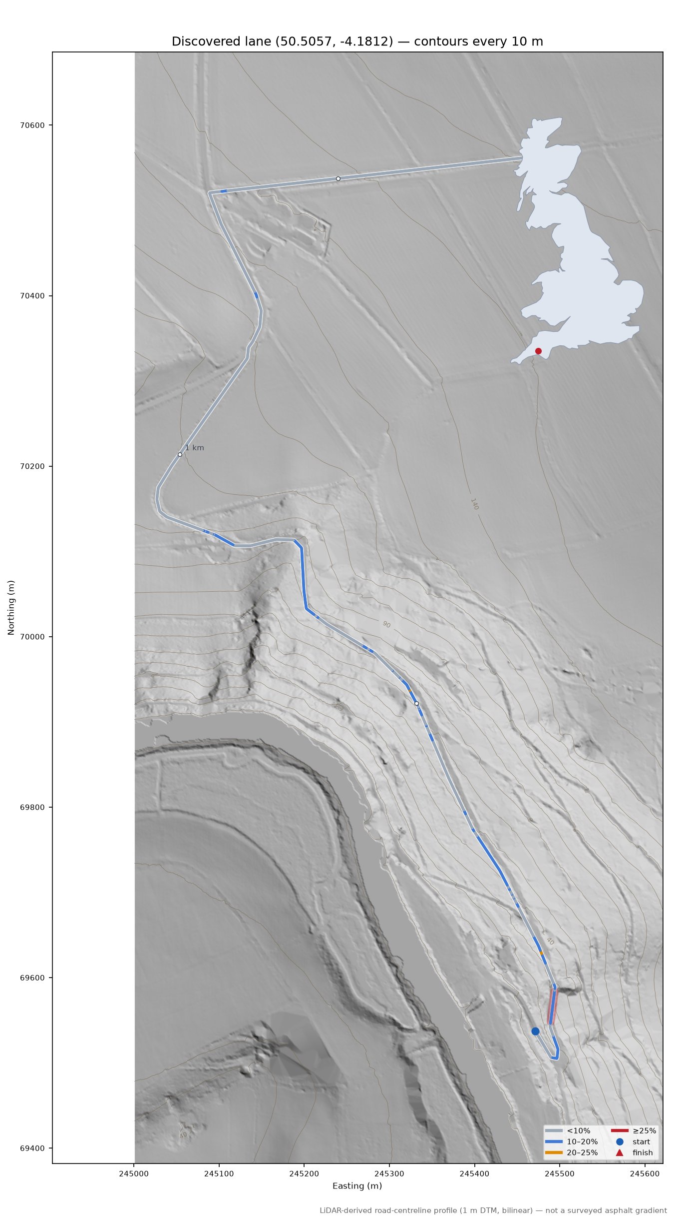 Discovered lane (50.5057, -4.1812) LiDAR hillshade map with contours