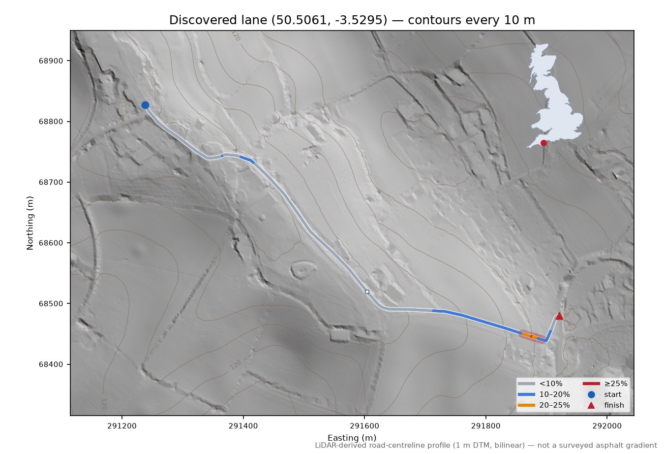 Discovered lane (50.5061, -3.5295) LiDAR hillshade map with contours