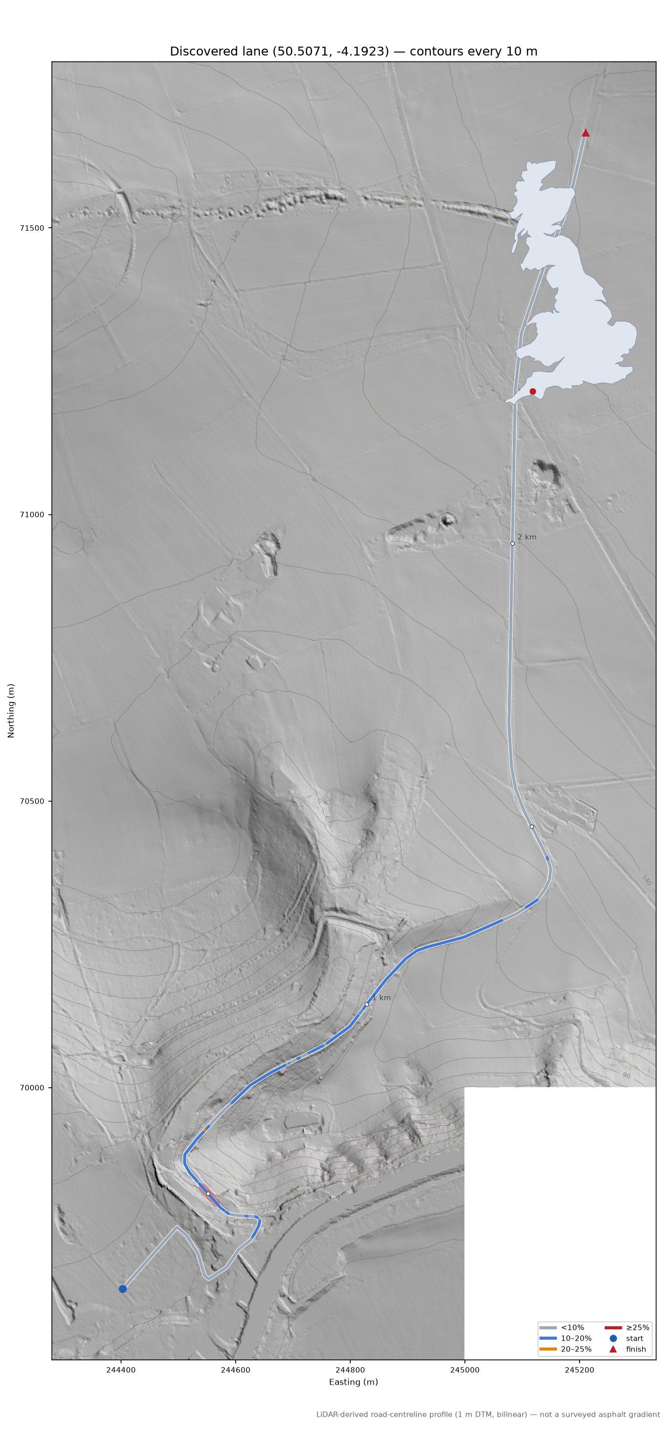Discovered lane (50.5071, -4.1923) LiDAR hillshade map with contours