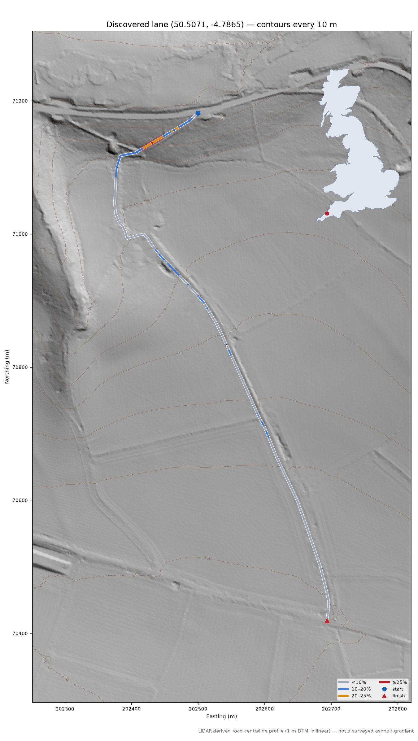Discovered lane (50.5071, -4.7865) LiDAR hillshade map with contours