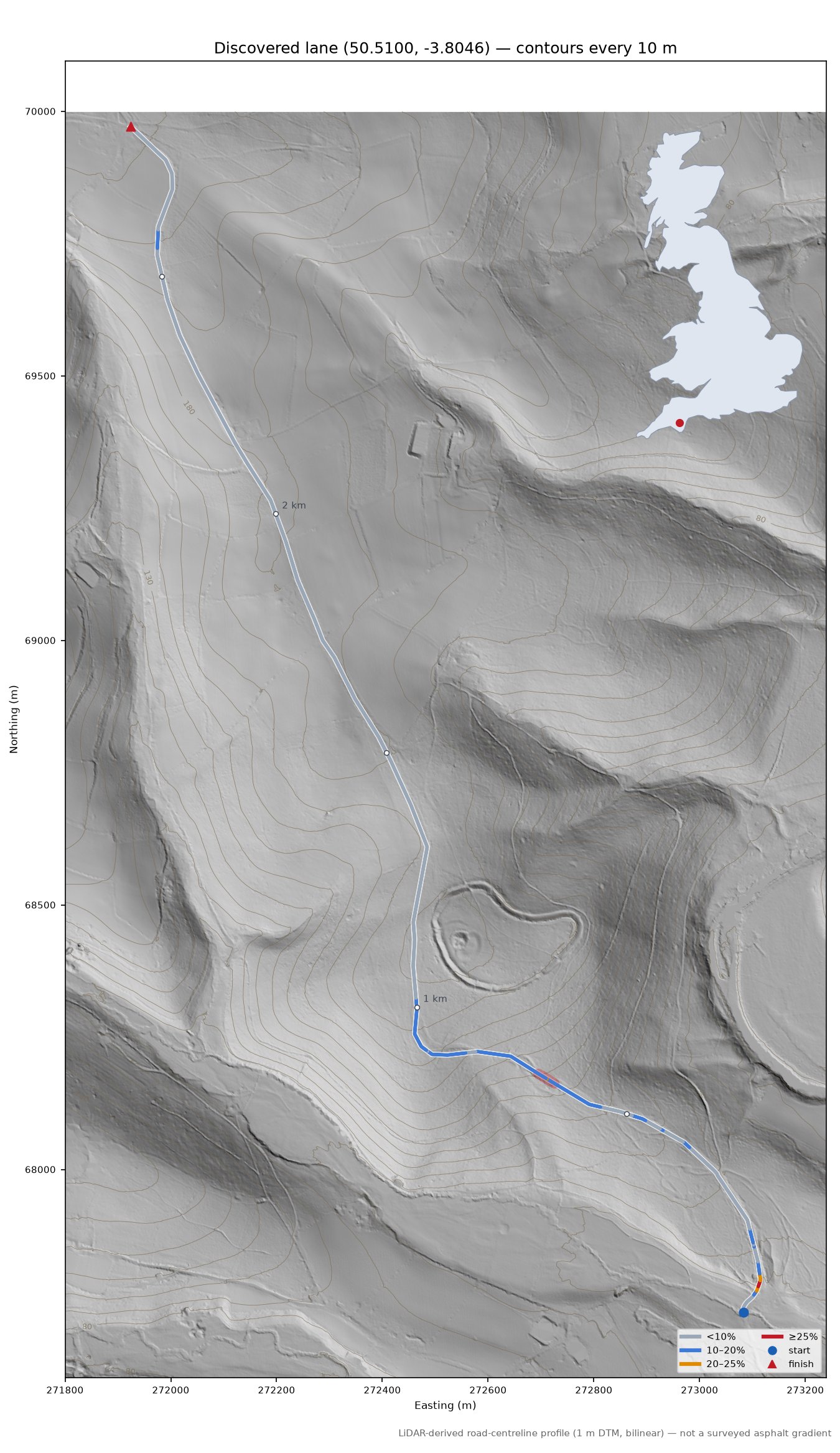 Discovered lane (50.5100, -3.8046) LiDAR hillshade map with contours