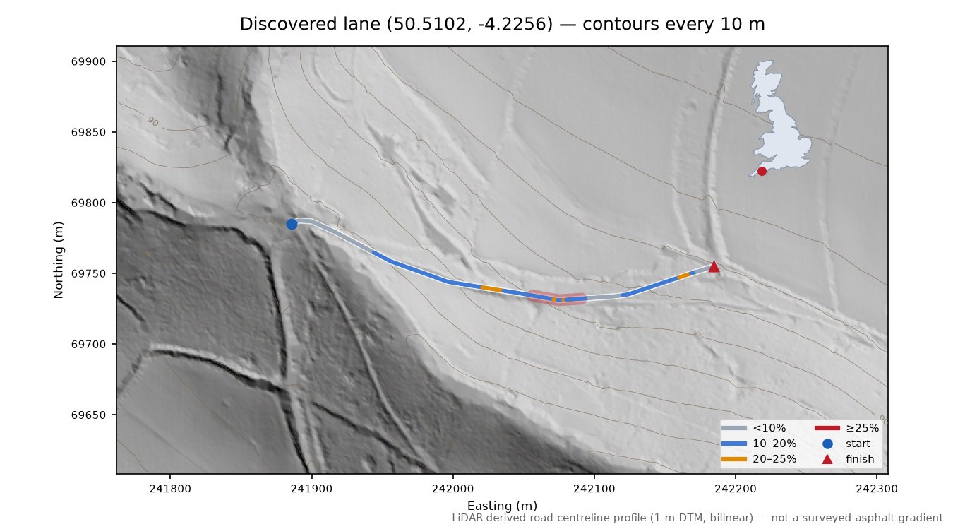 Discovered lane (50.5102, -4.2256) LiDAR hillshade map with contours