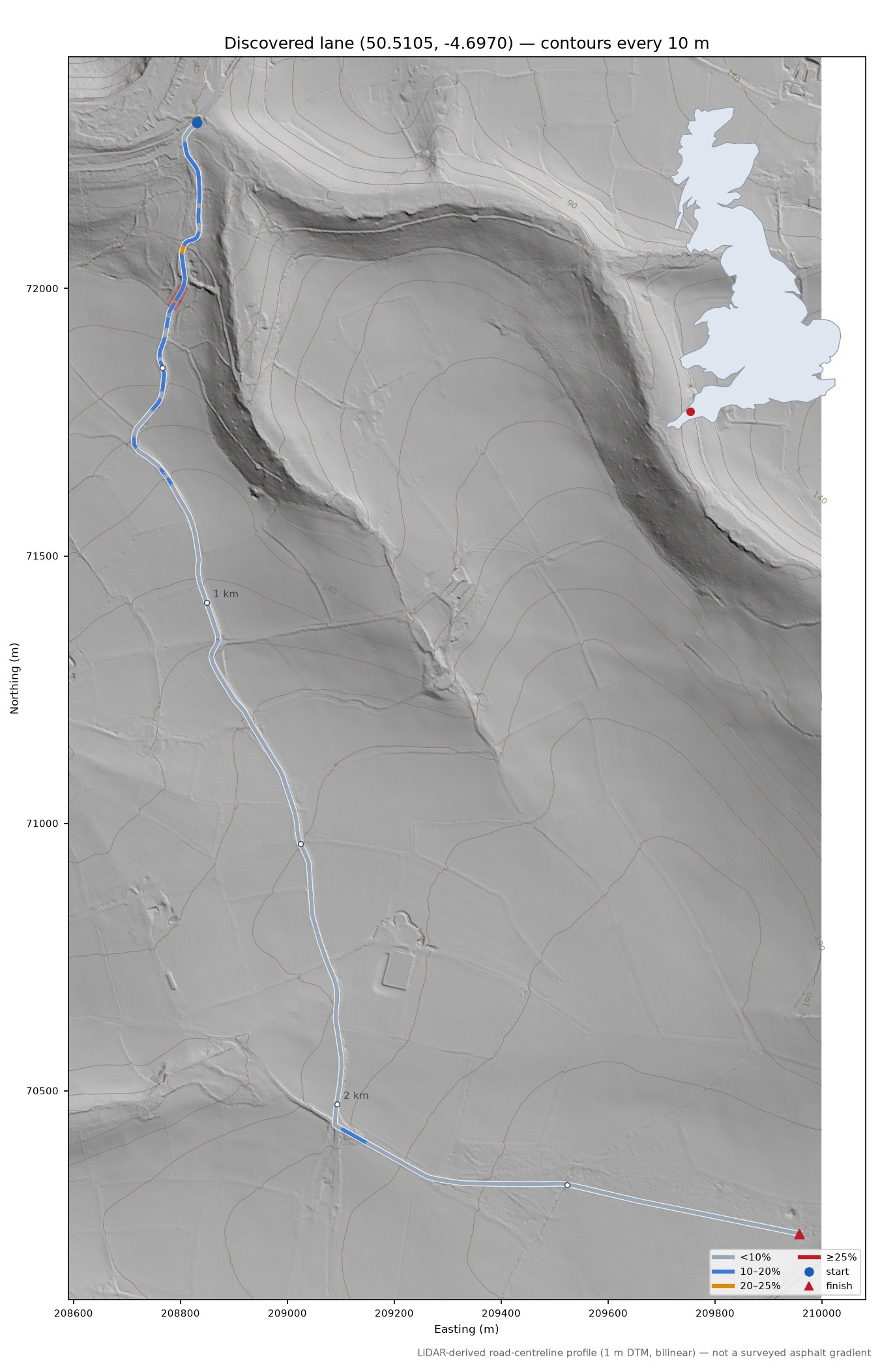Discovered lane (50.5105, -4.6970) LiDAR hillshade map with contours