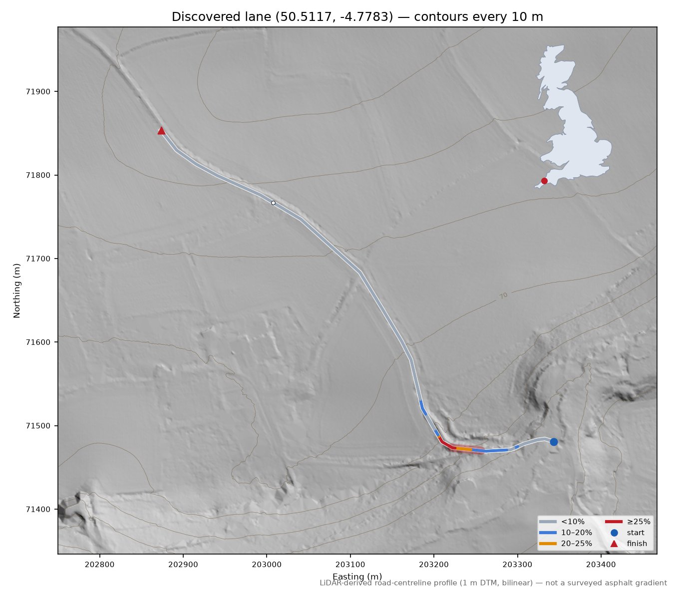 Discovered lane (50.5117, -4.7783) LiDAR hillshade map with contours