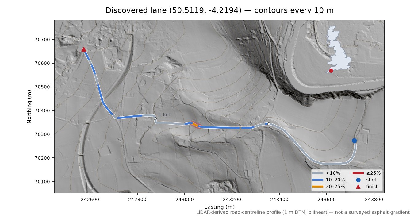 Discovered lane (50.5119, -4.2194) LiDAR hillshade map with contours