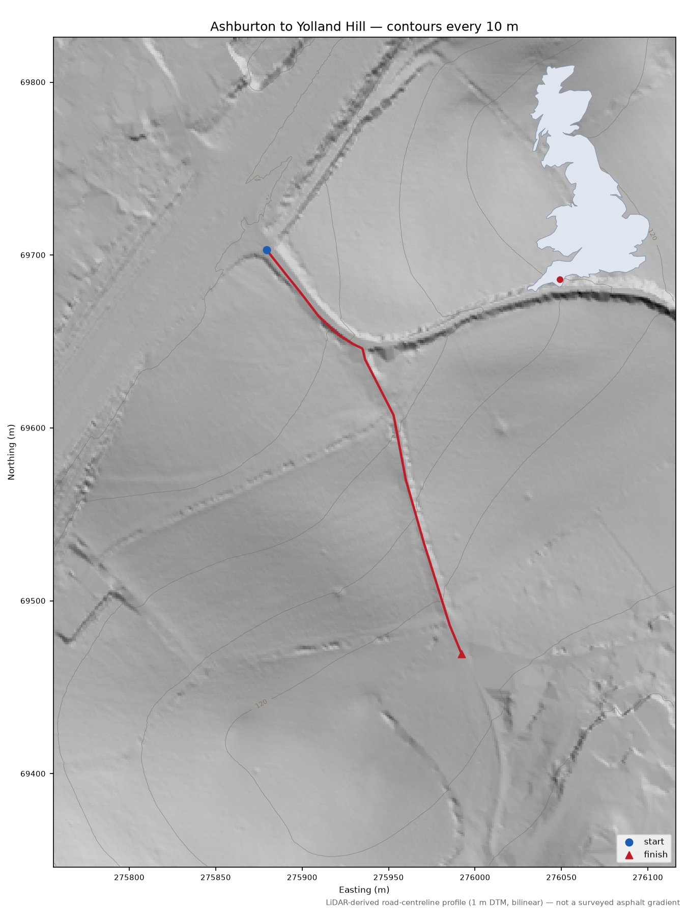 Ashburton to Yolland Hill LiDAR hillshade map with contours