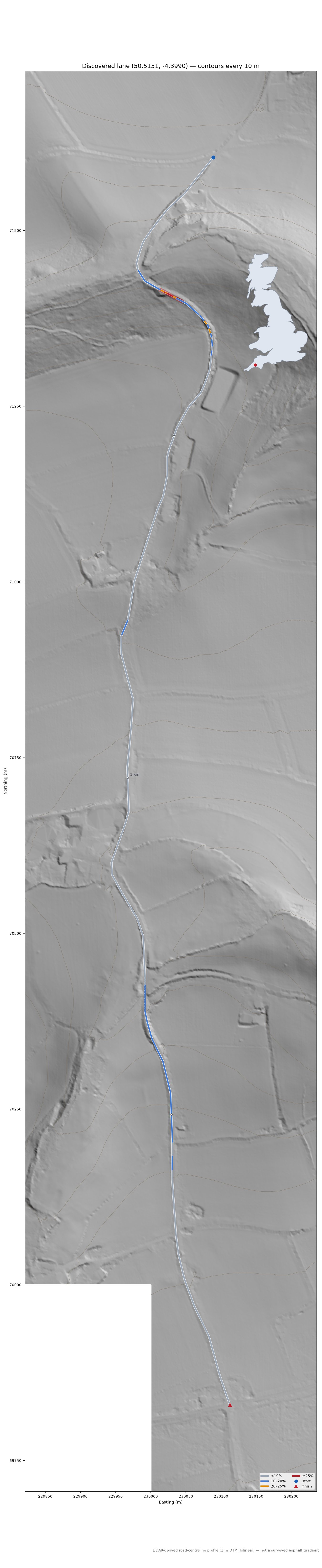 Discovered lane (50.5151, -4.3990) LiDAR hillshade map with contours