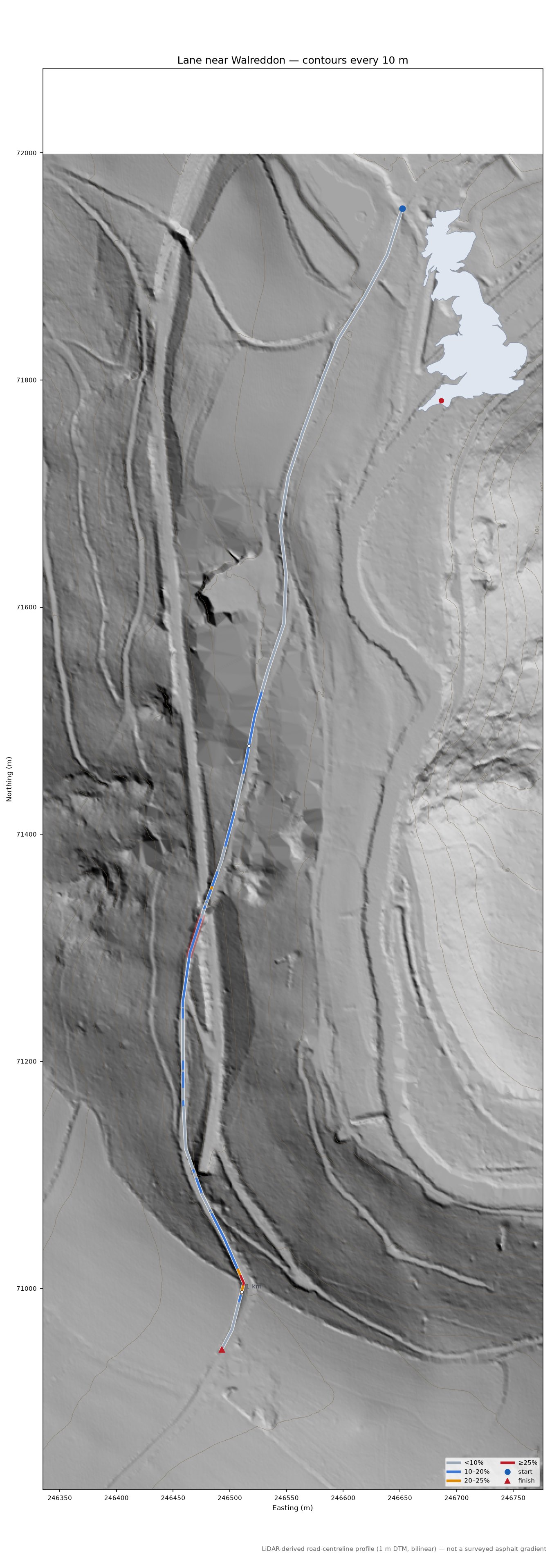 Lane near Walreddon LiDAR hillshade map with contours