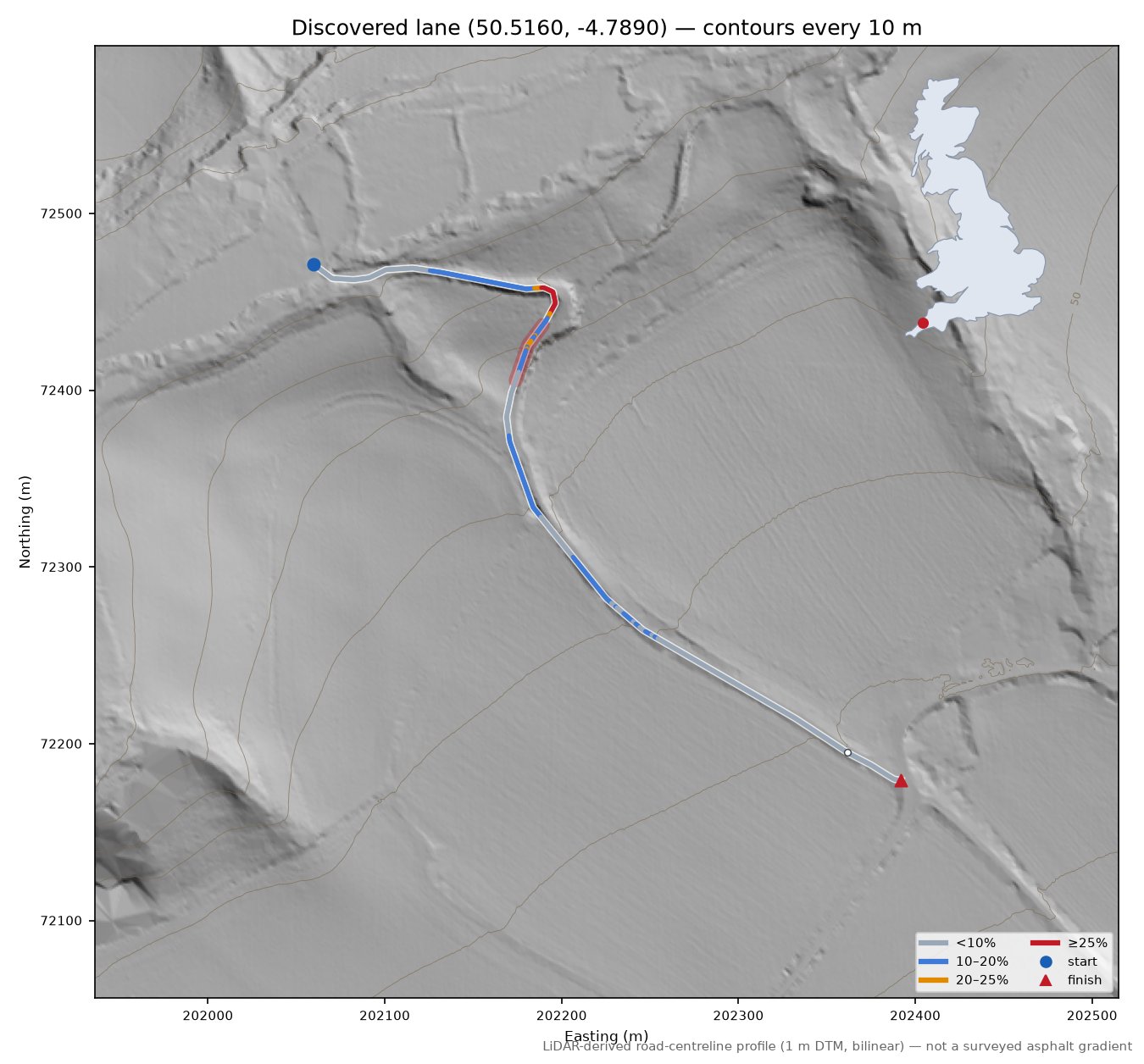 Discovered lane (50.5160, -4.7890) LiDAR hillshade map with contours