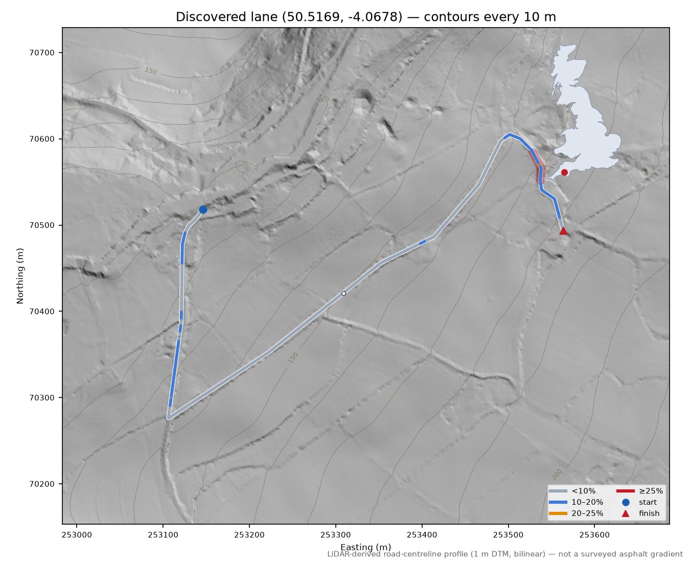 Discovered lane (50.5169, -4.0678) LiDAR hillshade map with contours