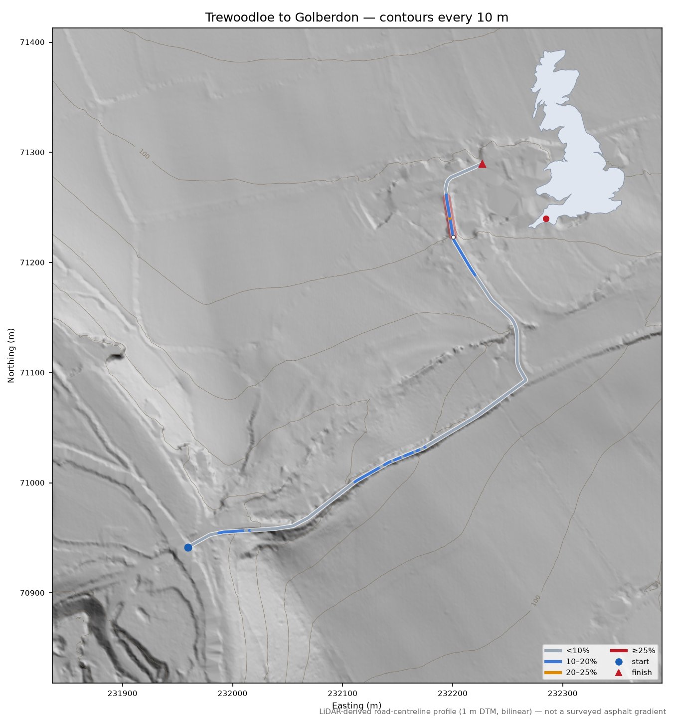 Trewoodloe to Golberdon LiDAR hillshade map with contours