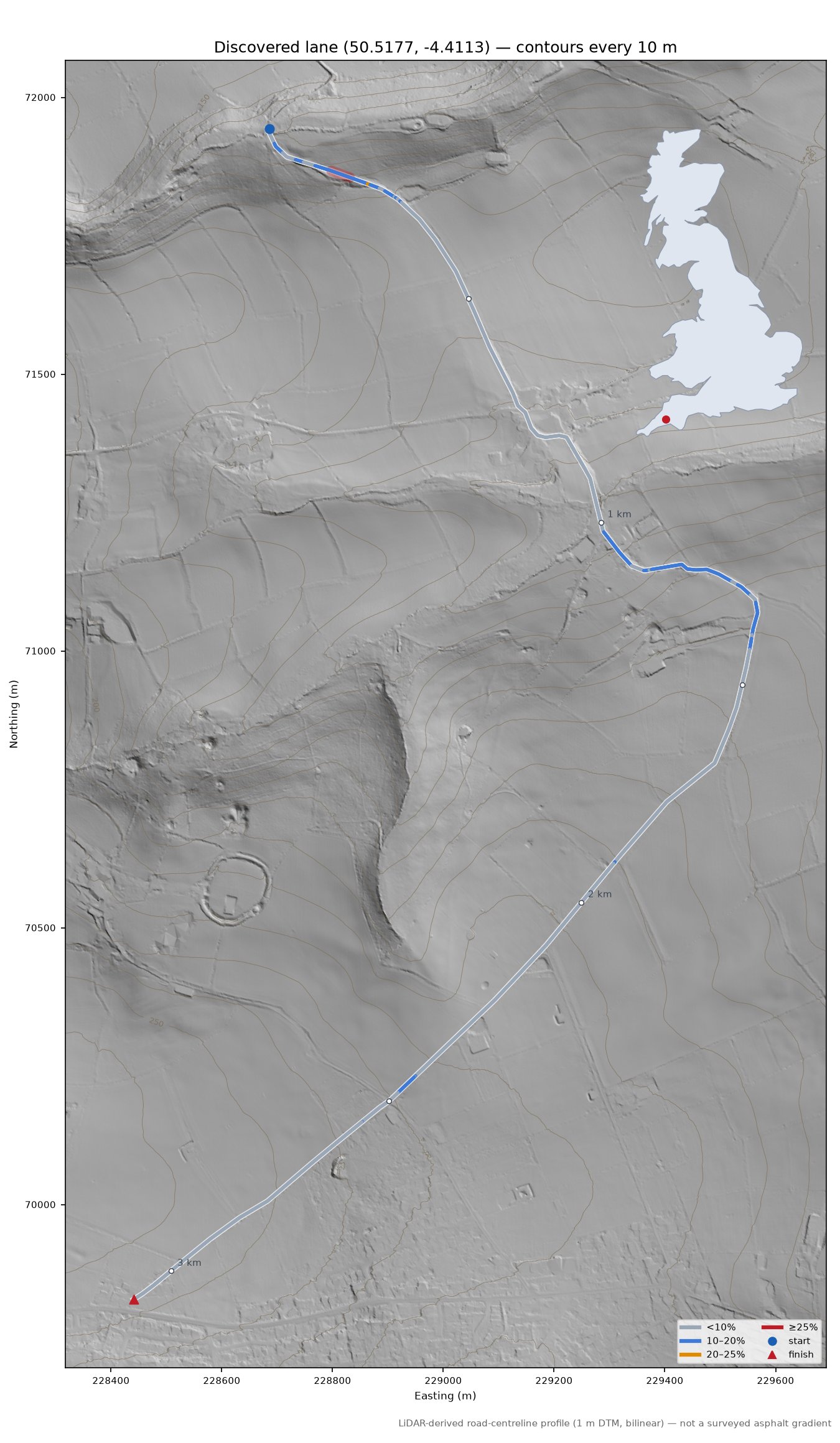 Discovered lane (50.5177, -4.4113) LiDAR hillshade map with contours