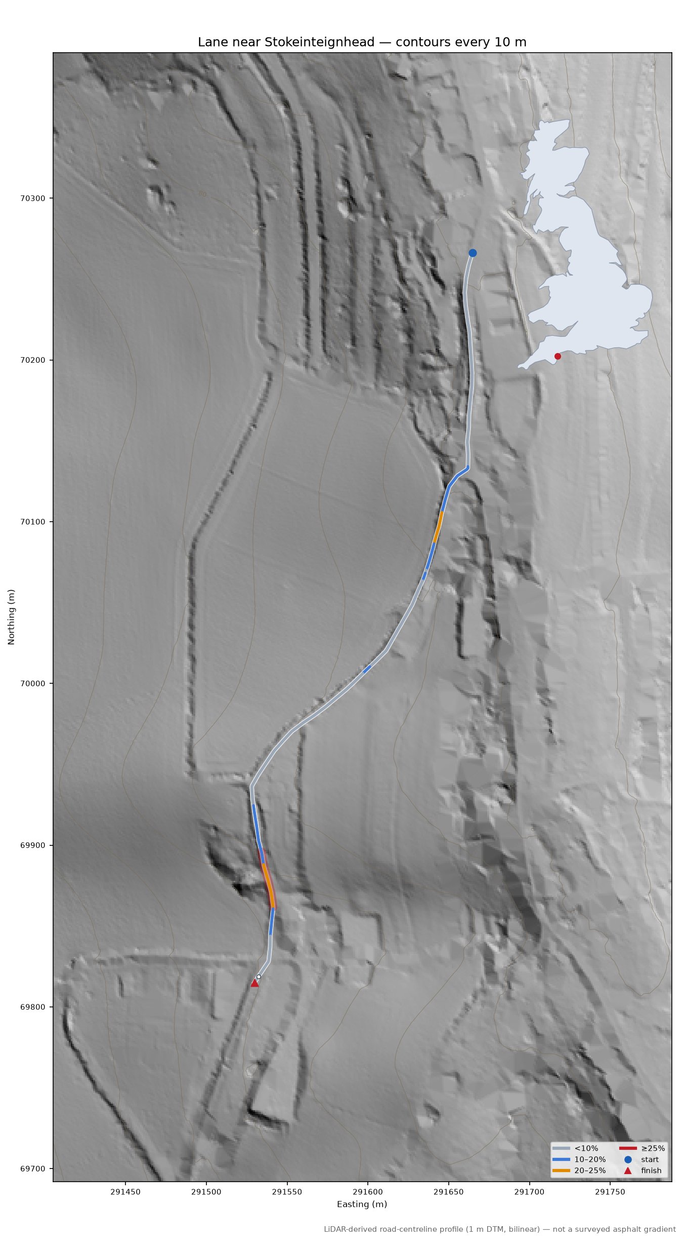 Lane near Stokeinteignhead LiDAR hillshade map with contours