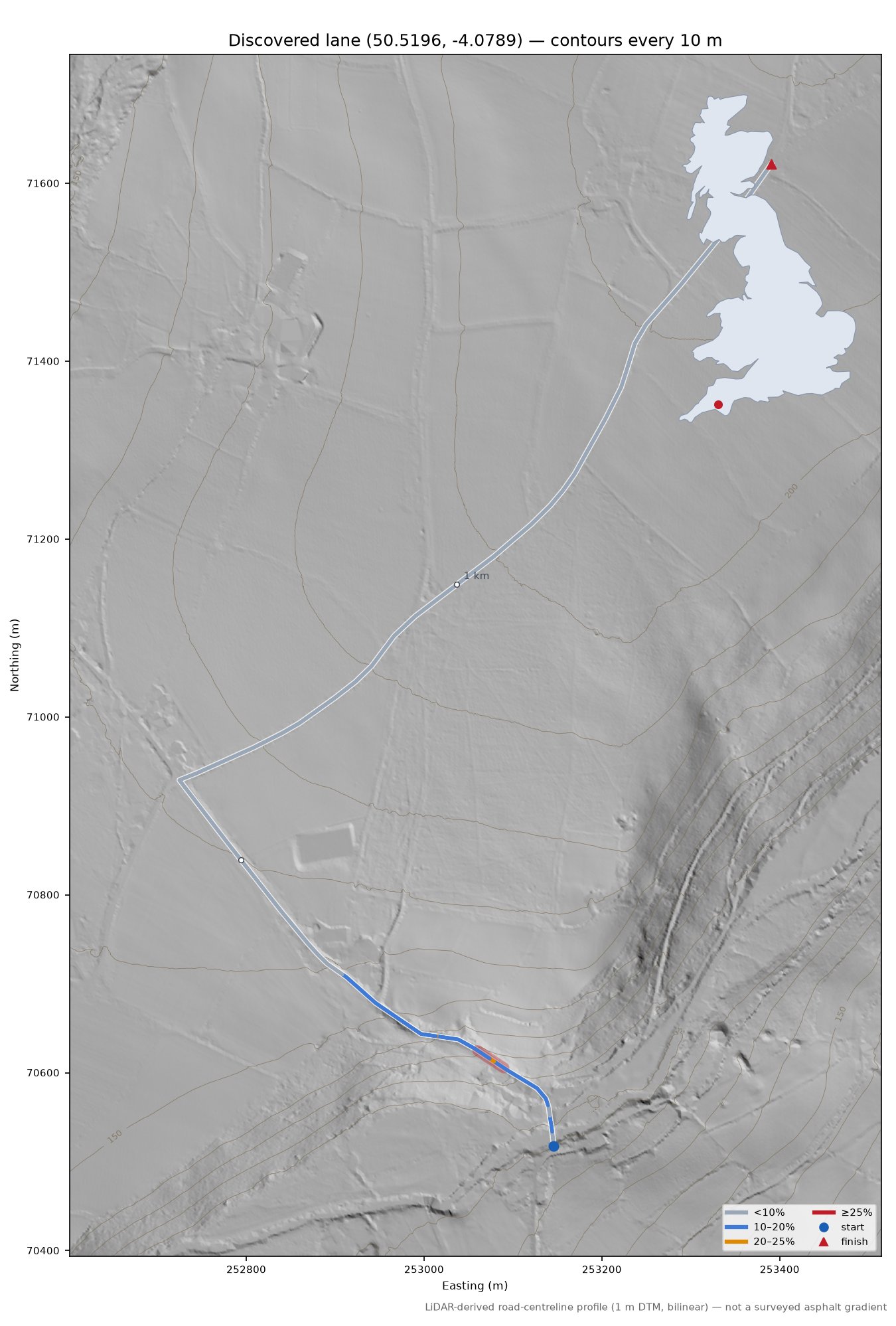 Discovered lane (50.5196, -4.0789) LiDAR hillshade map with contours