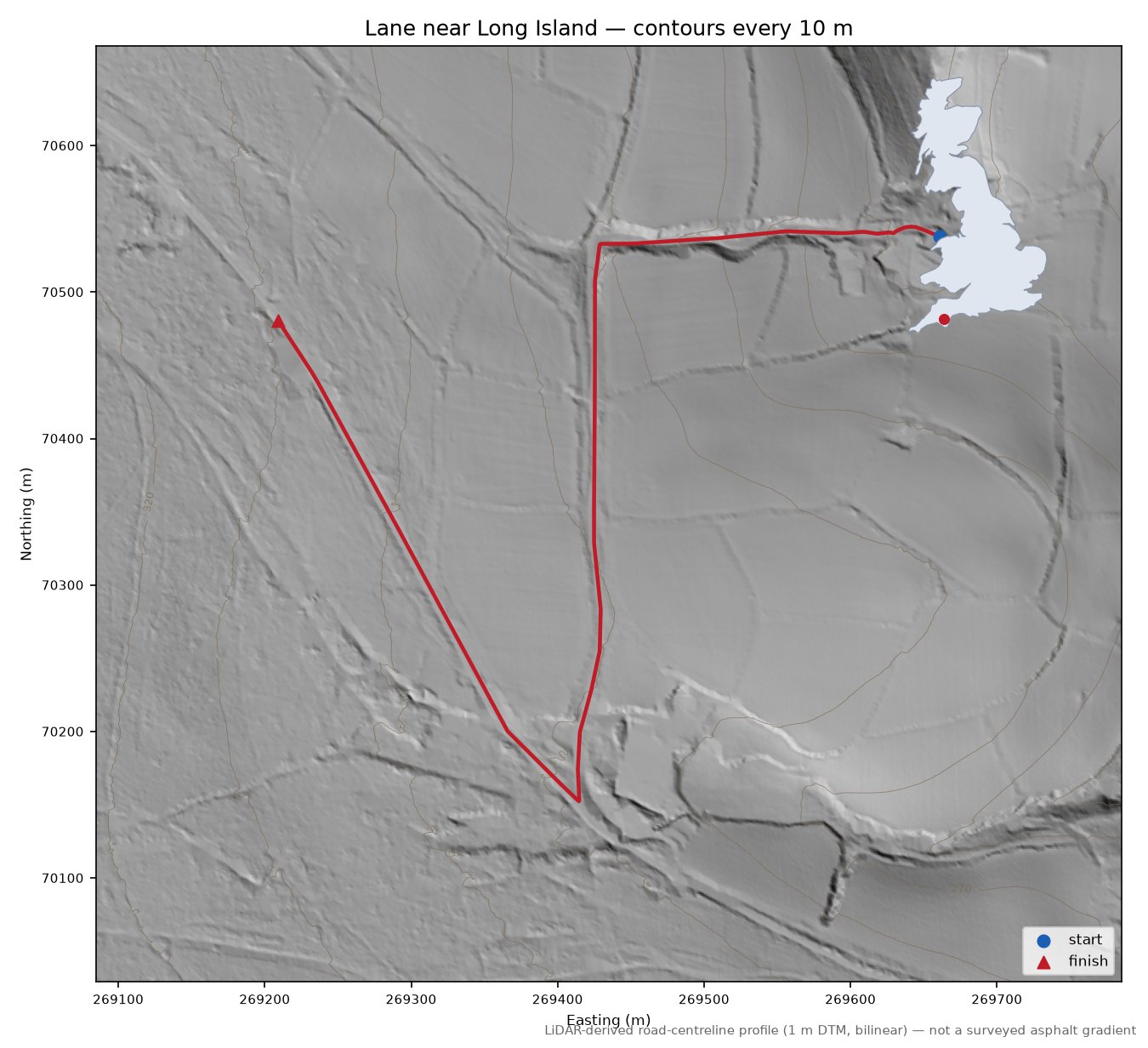Lane near Long Island LiDAR hillshade map with contours