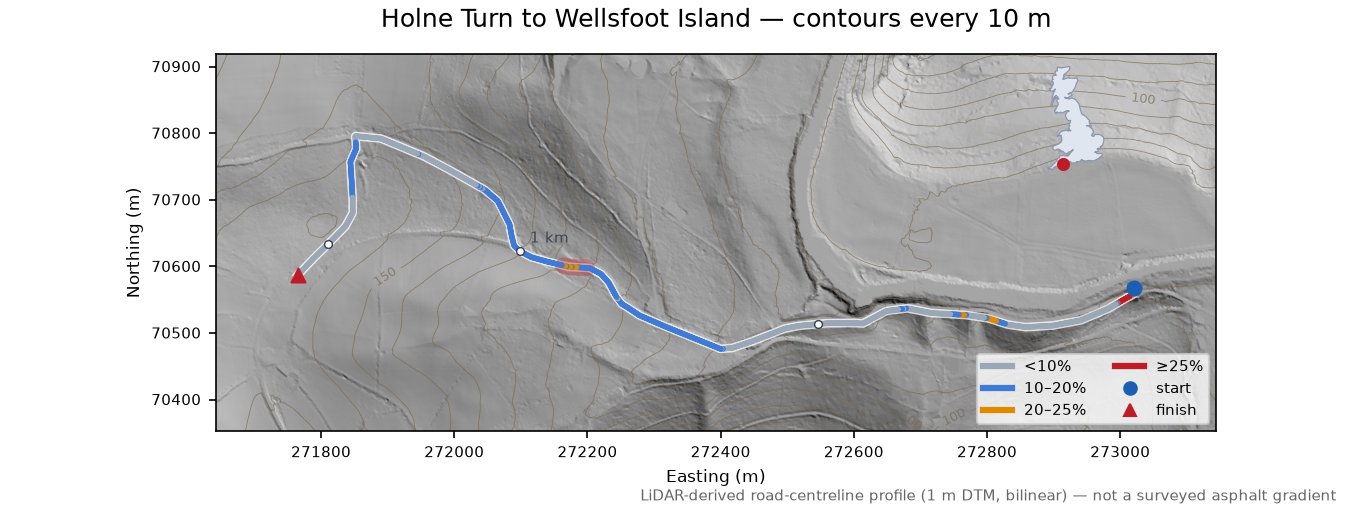 Holne Turn to Wellsfoot Island LiDAR hillshade map with contours