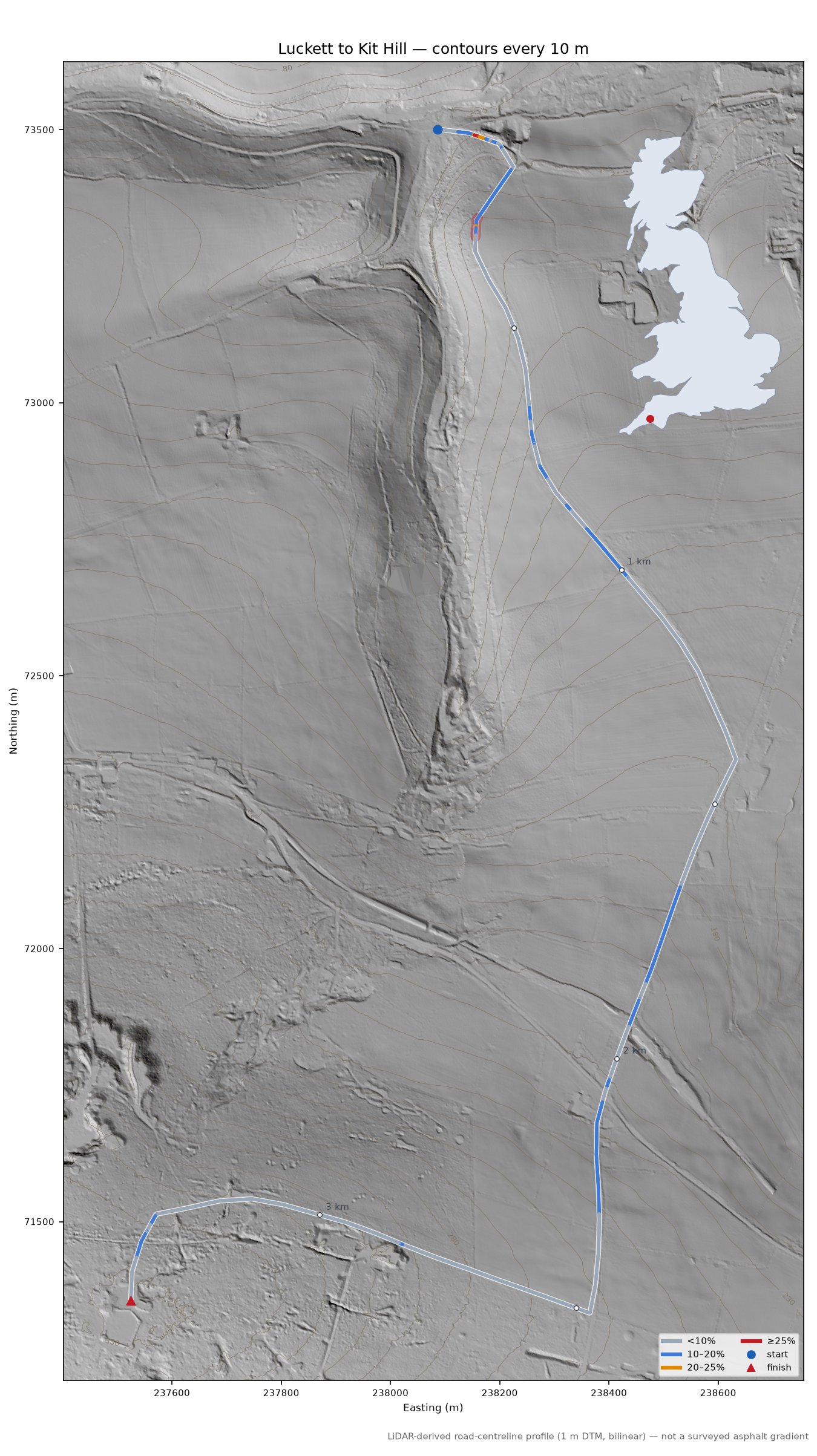 Luckett to Kit Hill LiDAR hillshade map with contours