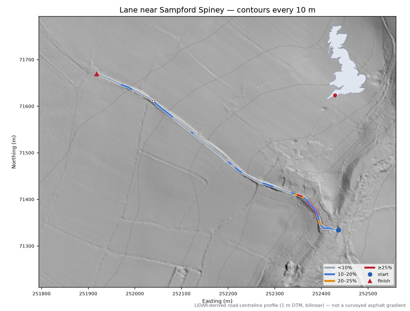 Lane near Sampford Spiney LiDAR hillshade map with contours