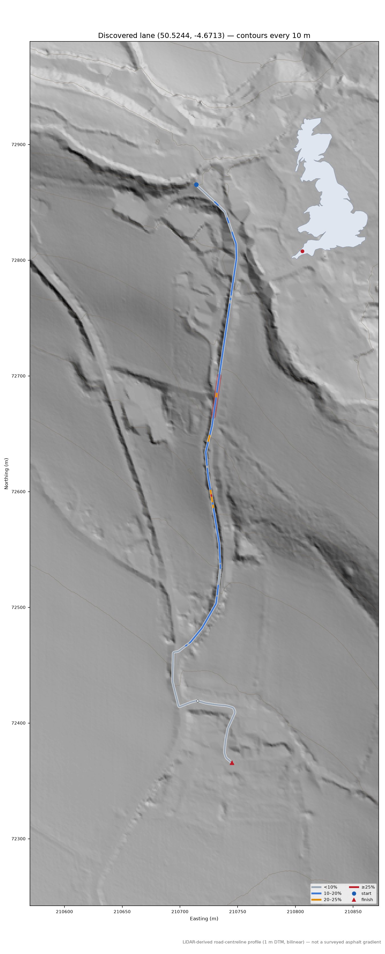 Discovered lane (50.5244, -4.6713) LiDAR hillshade map with contours