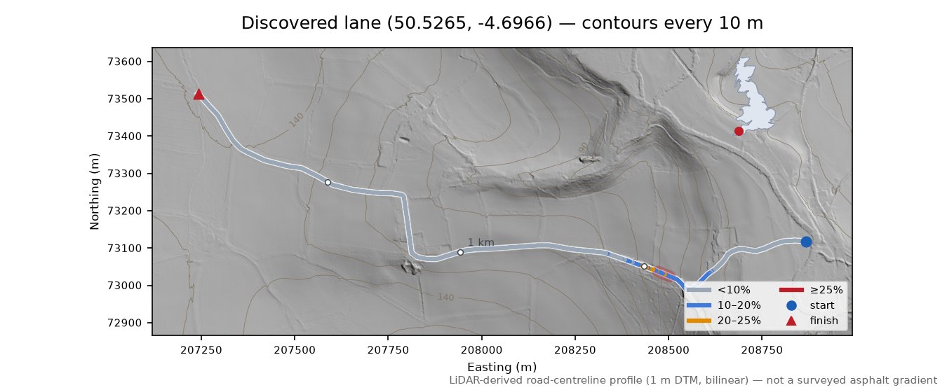 Discovered lane (50.5265, -4.6966) LiDAR hillshade map with contours