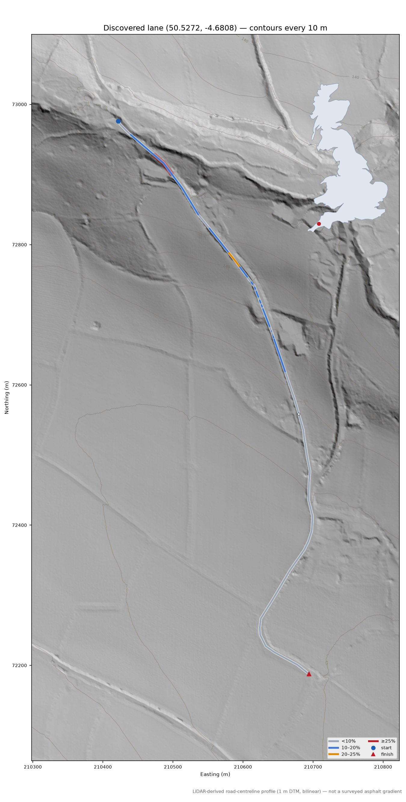 Discovered lane (50.5272, -4.6808) LiDAR hillshade map with contours