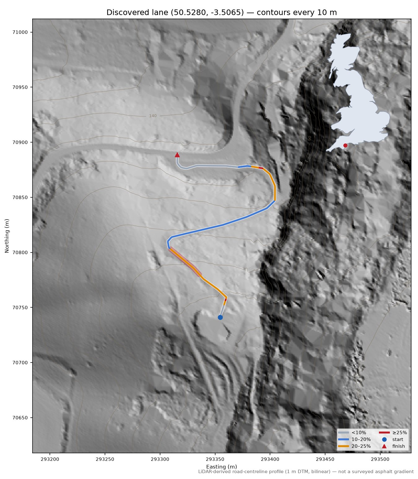 Discovered lane (50.5280, -3.5065) LiDAR hillshade map with contours