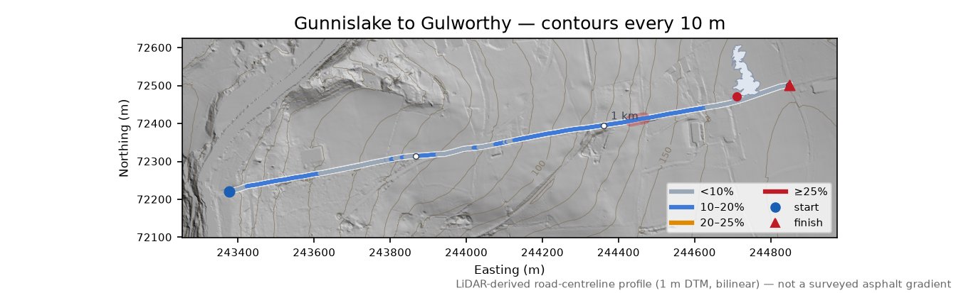 Gunnislake to Gulworthy LiDAR hillshade map with contours