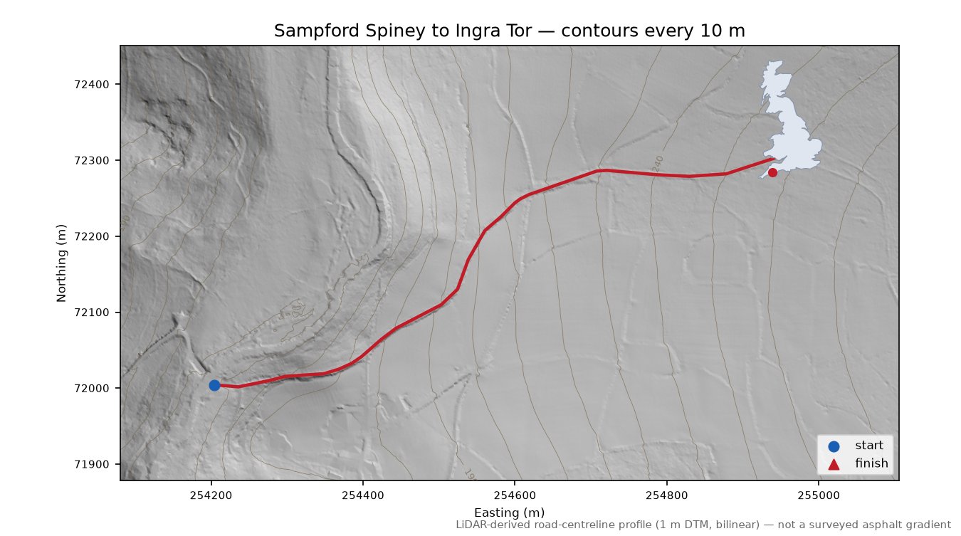 Sampford Spiney to Ingra Tor LiDAR hillshade map with contours