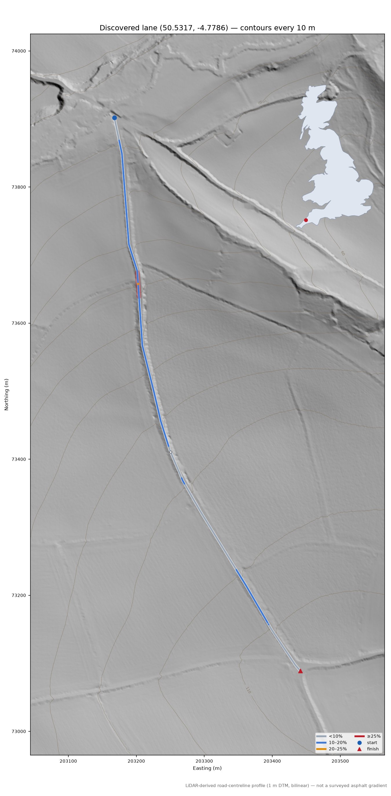 Discovered lane (50.5317, -4.7786) LiDAR hillshade map with contours