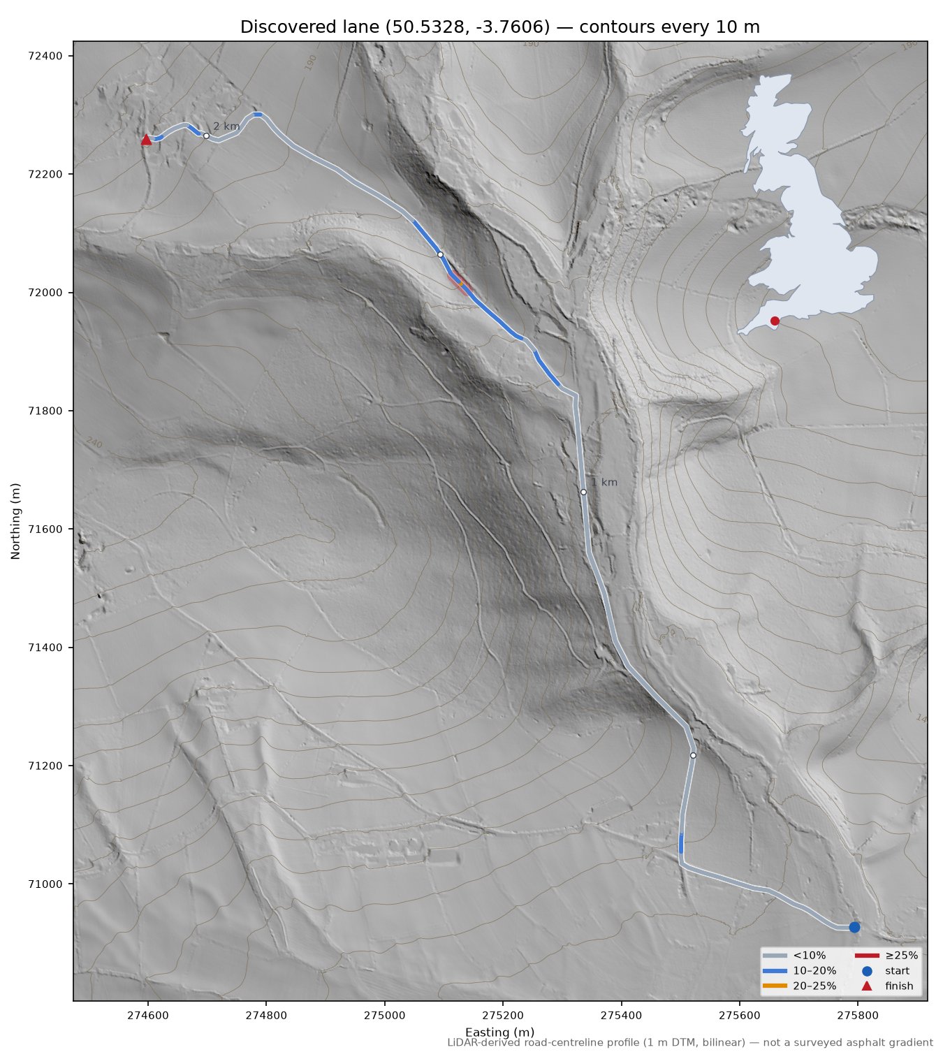 Discovered lane (50.5328, -3.7606) LiDAR hillshade map with contours